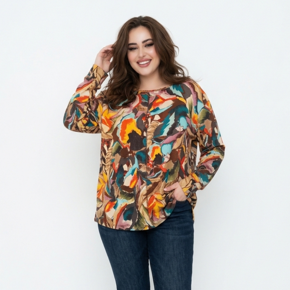 Westbound Multicolor Abstract Print Long Sleeve Cotton Blend Tee size 2X NWT